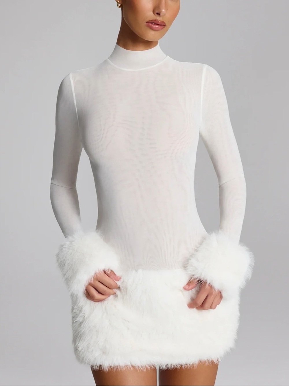 Oh Polly White Belladonna Faux Fur Trim Mini Dress US 6